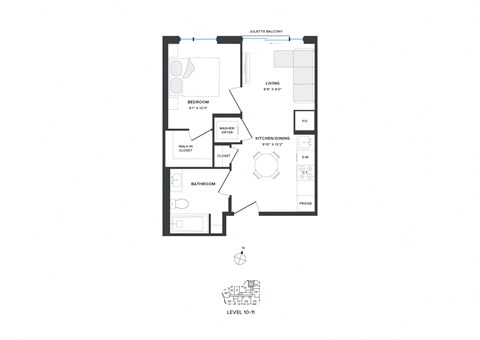 Floor plan for 1 bed, 1 bath, 481 sqft